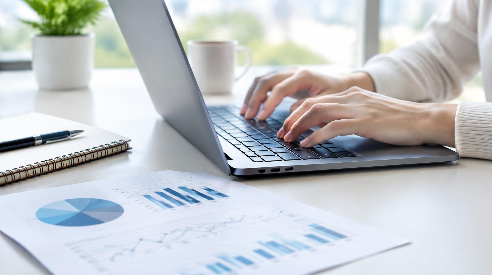 Hands typing on a laptop with printed reports on the desk
