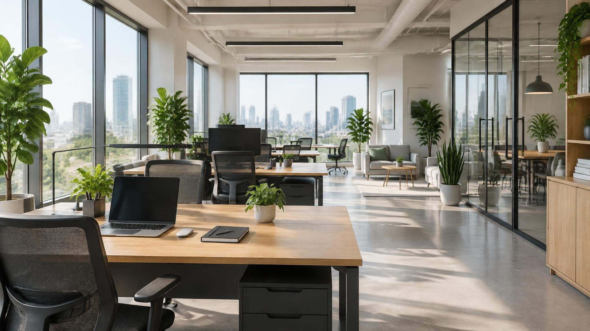 Modern open office space with desks and plants